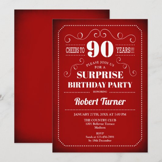 Verrassend 90e verjaardag Uitnodiging - Rood Wit (Voorkant / Achterkant)