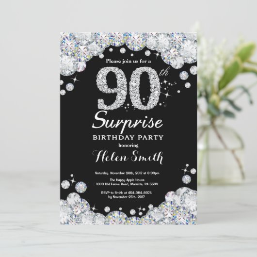 Verrassend 90e verjaardag Uitnodiging Silver Diamo (Staand voorkant)