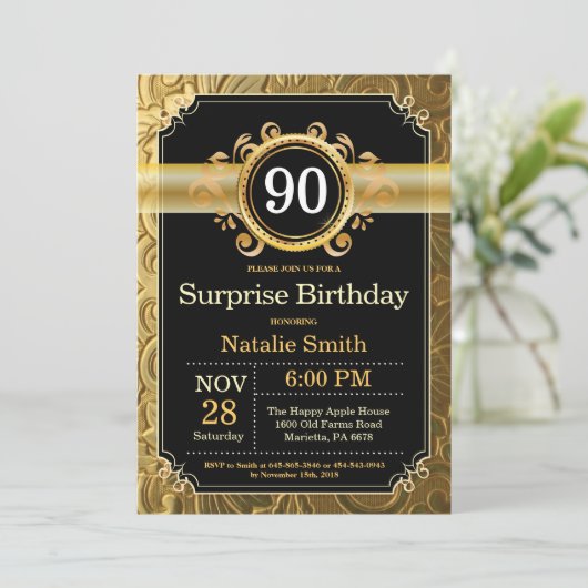 Verrassend 90e verjaardag Uitnodiging zwart en gou (Staand voorkant)