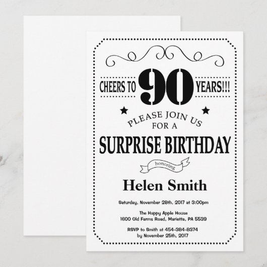 Verrassend 90e verjaardag Uitnodiging zwart-wit (Voorkant / Achterkant)
