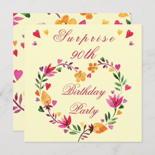 Verrassend 90e verjaardag Waterverf Floral Heart Kaart (Voorkant / Achterkant)