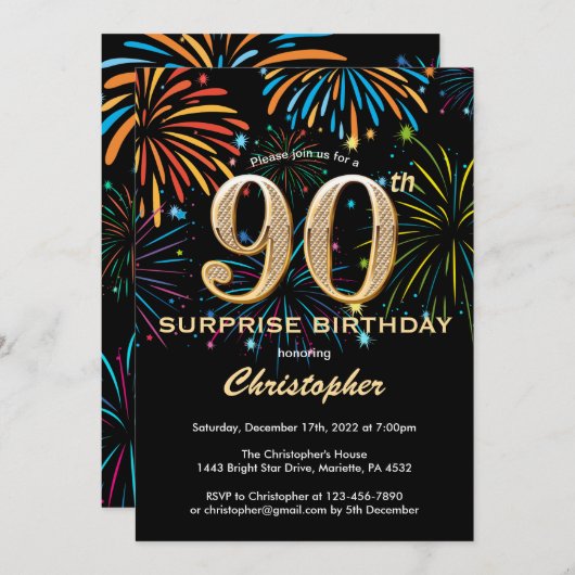 Verrassend 90e verjaardag zwart goudregenboogvuurw kaart (Voorkant / Achterkant)