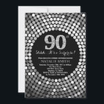Verrassend 90th Birthday Black en Silver Glitter Kaart<br><div class="desc">Verrassende uitnodiging van 90e verjaardag. Black and Silver Glitter. Silver Diamond. Volwassenenfeest. Voor mannen of vrouwen. Voor verdere aanpassing,  te klikken gelieve de knoop "van de Aanpassing het"en ons ontwerphulpmiddel te gebruiken om deze sjabloon te wijzigen.</div>