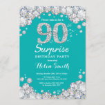 Verrassend 90th Birthday Blauwgroen en Silver Diam Kaart<br><div class="desc">Verrassende uitnodiging van 90e verjaardag. Blauwgroen en Silver Rhinestone Diamond Blauwgroen Turquoise Aqua Background Elegant Birthday Bash nodigt uit. Volwassen verjaardag. Vrouwendag. Mannen op zaterdag. Voor verdere aanpassing,  te klikken gelieve de knoop "van de Aanpassing het"en ons ontwerphulpmiddel te gebruiken om deze sjabloon te wijzigen.</div>