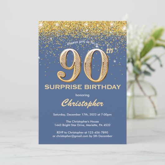 Verrassend 90th Birthday Blue en Gold Glitter Kaart (Staand voorkant)