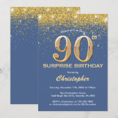 Verrassend 90th Birthday Blue en Gold Glitter Kaart (Voorkant / Achterkant)