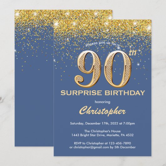 Verrassend 90th Birthday Blue en Gold Glitter Kaart (Voorkant / Achterkant)