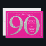 Verrassend 90th Birthday Hot Pink en Silver Glitte Kaart<br><div class="desc">Verrassende uitnodiging van 90e verjaardag. De hete Roze en Zilveren Partij van de Dagen nodigt met Hete Roze Achtergrond uit. Verrassende verjaardag. Volwassen verjaardag. Mannen of Vrouwen Bday Bash Party. Voor verdere aanpassing, te klikken gelieve de knoop "van de Aanpassing het"en ons ontwerphulpmiddel te gebruiken om deze sjabloon te wijzigen....</div>