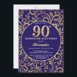 Verrassend 90th Birthday Navy Blue en Gold Floral Kaart<br><div class="desc">Verrassend 90th Birthday Navy Blue en Gold Floral Pattern Birthday Invitation. Voor verdere aanpassing,  te klikken gelieve de knoop "van de Aanpassing het"en ons ontwerphulpmiddel te gebruiken om deze sjabloon te wijzigen.</div>