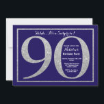 Verrassend 90th Birthday Navy Blue Silver Glitter Kaart<br><div class="desc">Verrassende uitnodiging van 90e verjaardag. Navy Blue Silver Glitter Birthday Party Invite with Navy Blue Background. Verrassende verjaardag. Volwassen verjaardag. Mannen of Vrouwen Bday Bash Party. Voor verdere aanpassing,  te klikken gelieve de knoop "van de Aanpassing het"en ons ontwerphulpmiddel te gebruiken om deze sjabloon te wijzigen.</div>