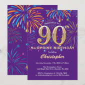 Verrassend 90th Birthday Paars en Gold Fireworks Kaart (Voorkant / Achterkant)