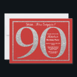 Verrassend 90th Birthday Red en Silver Glitter Kaart<br><div class="desc">Verrassende uitnodiging van 90e verjaardag. De Rode en Zilveren Partij van de Dagen nodigt met Rode Achtergrond uit. Verrassende verjaardag. Volwassen verjaardag. Mannen of Vrouwen Bday Bash Party. Voor verdere aanpassing,  te klikken gelieve de knoop "van de Aanpassing het"en ons ontwerphulpmiddel te gebruiken om deze sjabloon te wijzigen.</div>