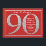Verrassend 90th Birthday Red en Silver Glitter Kaart<br><div class="desc">Verrassende uitnodiging van 90e verjaardag. De Rode en Zilveren Partij van de Dagen nodigt met Rode Achtergrond uit. Verrassende verjaardag. Volwassen verjaardag. Mannen of Vrouwen Bday Bash Party. Voor verdere aanpassing,  te klikken gelieve de knoop "van de Aanpassing het"en ons ontwerphulpmiddel te gebruiken om deze sjabloon te wijzigen.</div>