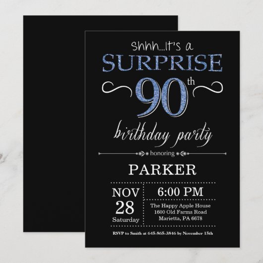 Verrassend 90th Birthday Uitnodiging zwart en blau (Voorkant / Achterkant)