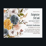 Verrassend 90th Birthday Yellow Navy Blue Floral Briefkaart<br><div class="desc">Elegant Bourgogne,  blauw marineblauw,  mosterdgeel en roomkleurige bloemkool Verrassend 90e verjaardag uitnodiging voor vrouwen. U kunt de tekst op deze kaart aanpassen voor een verjaardagsfeestje voor elke leeftijd die u viert.</div>