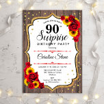 Verrassend 90th Birthday - Zonnebloemen Rustic Woo Kaart<br><div class="desc">Verrassende uitnodiging van 90e verjaardag. Feminine roestzwart,  wit,  rood met faux glitter goud. Kenmerken houtpatroon,  rode rozen,  zonnebloemen,  scriptlettertype en confetti. Ideaal voor een elegant verjaardagsfeestje. Kan op elke leeftijd aan het show worden aangepast. Bericht me als u verdere aanpassing nodig hebt.</div>