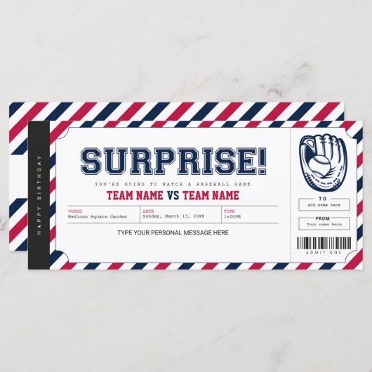 Verrassend Baseball Game Persoonlijk Gift Ticket (Voorkant / Achterkant)