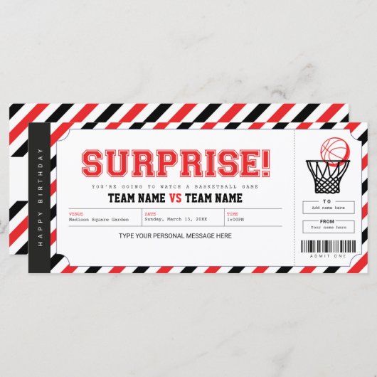 Verrassend Basketball Game Persoonlijk Gift Ticket (Voorkant / Achterkant)