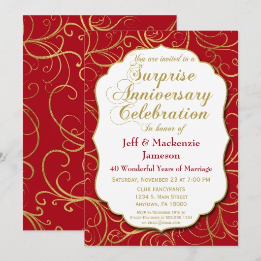 Verrassend Jubileum Uitnodiging Red Gold Swirl (Voorkant / Achterkant)