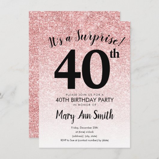 Verrassend Roos Gold Glitter 40th Birthday Party Kaart (Voorkant / Achterkant)