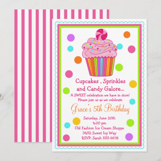 Verrassend Snoep Cupcake Birthday Uitnodiging (Voorkant / Achterkant)
