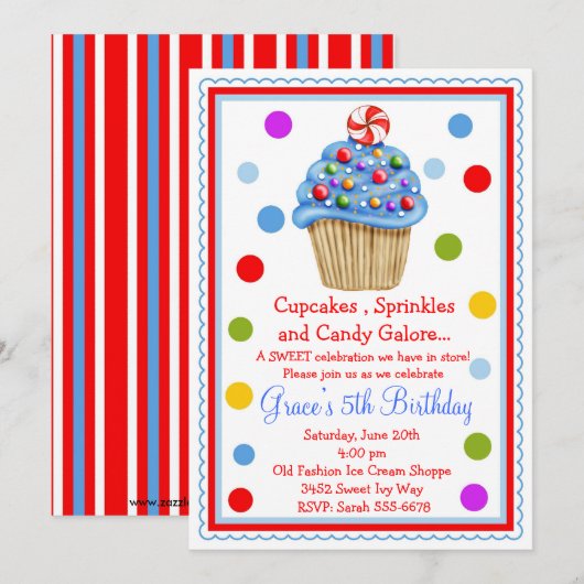 Verrassend Snoep Cupcake Birthday Uitnodiging (Voorkant / Achterkant)