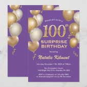 Verrassende 100e Paarse en goudballonnen Kaart (Voorkant / Achterkant)