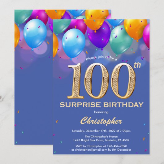 Verrassende 100e verjaardag Blauwe en gouden ballo Kaart (Voorkant / Achterkant)