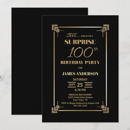 Verrassende 100e verjaardag Zwarte en Gold Party Kaart (Voorkant / Achterkant)