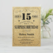 Verrassende 15e verjaardag zwart en goud glitters kaart (Staand voorkant)
