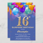 Verrassende 16e verjaardag Blauwe en gouden ballon Kaart (Voorkant / Achterkant)