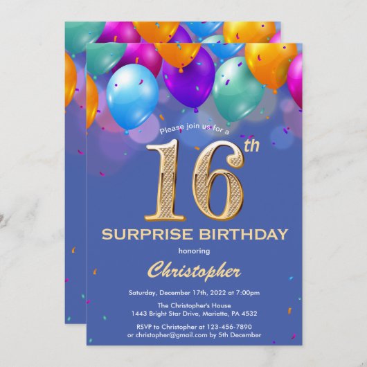 Verrassende 16e verjaardag Blauwe en gouden ballon Kaart (Voorkant / Achterkant)