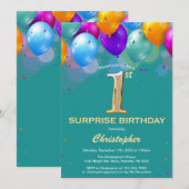 Verrassende 1e verjaardag Blauwgroen en goudballon Kaart (Voorkant / Achterkant)