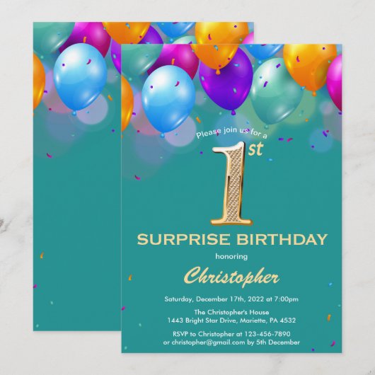 Verrassende 1e verjaardag Blauwgroen en goudballon Kaart (Voorkant / Achterkant)