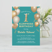 Verrassende 1e verjaardag Blauwgroen en goudballon Kaart (Staand voorkant)