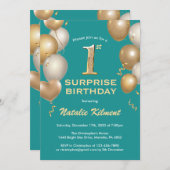 Verrassende 1e verjaardag Blauwgroen en goudballon Kaart (Voorkant / Achterkant)