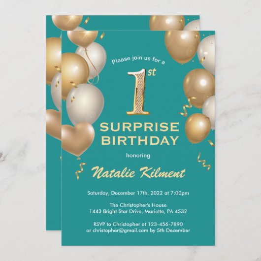 Verrassende 1e verjaardag Blauwgroen en goudballon Kaart (Voorkant / Achterkant)