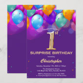 Verrassende 1e verjaardag Paarse en goudballonnen Kaart (Voorkant / Achterkant)