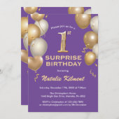 Verrassende 1e verjaardag Paarse en goudballonnen Kaart (Voorkant / Achterkant)