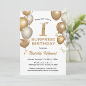 Verrassende 1e verjaardag Witte en gouden ballonne Kaart (Staand voorkant)