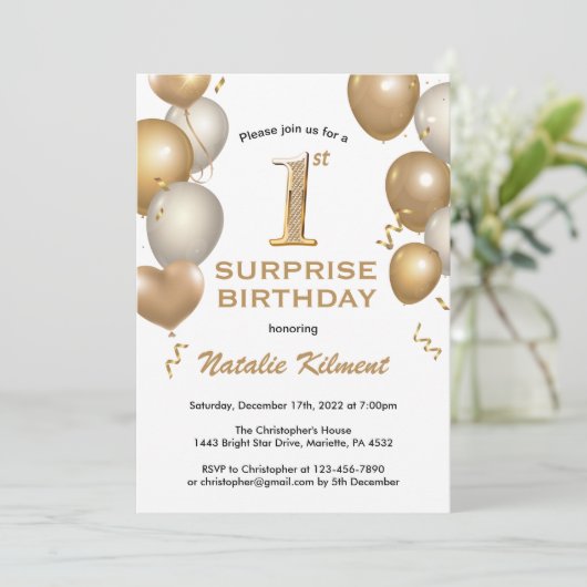 Verrassende 1e verjaardag Witte en gouden ballonne Kaart (Staand voorkant)