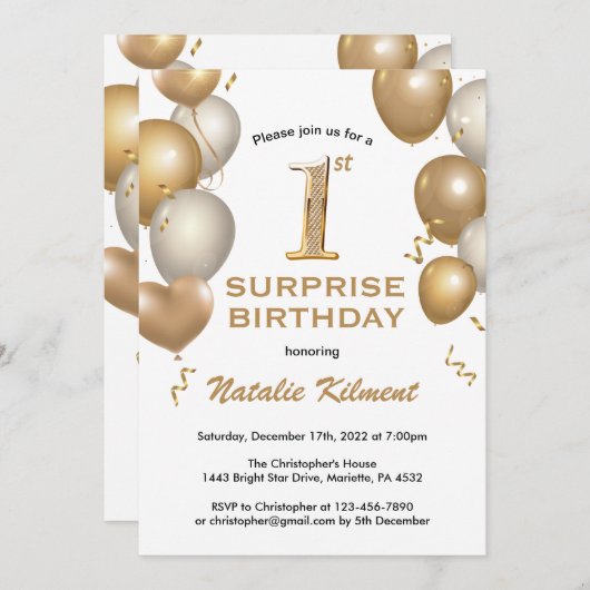 Verrassende 1e verjaardag Witte en gouden ballonne Kaart (Voorkant / Achterkant)