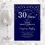 Verrassende 30e verjaardag van de marine Blue Silv Kaart<br><div class="desc">Verrassend 30e verjaardag uitnodiging. Elegant ontwerp in blauw en faux glitter Silver. Kenmerkt manuscriptdoopvont en diamanten confetti. Cheers tot 30 jaar! Bericht me als u verdere aanpassing nodig hebt.</div>