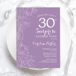 Verrassende 30e verjaardag van de Paarse Floral Kaart<br><div class="desc">Paarse onderneming Floral 30th Birthday Party Invitation. Minimalistisch modern design met botanische accenten en lettertype typografie. Eenvoudige vrouwelijke uitnodigingskaart perfect voor een stijlvol vrouw verrassingsfeest. Kan op elke leeftijd worden aangepast.</div>