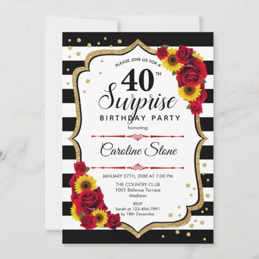 Verrassende 40e verjaardag - Rode rozen zonnebloem Kaart (Voorkant)