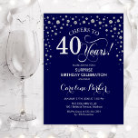 Verrassende 40e verjaardag van de marine Silver Kaart<br><div class="desc">Verrassend 40e uitnodiging van de Birthday Party. Elegant ontwerp in blauw en faux glitter Silver. Kenmerkt manuscriptdoopvont en diamanten confetti. Cheers tot 40 jaar! Bericht me als u verdere aanpassing nodig hebt.</div>