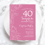 Verrassende 40e verjaardag van de roze Floral Kaart<br><div class="desc">Pink Floral Surprise 40th Birthday Party Invitation. Minimalistisch modern design met botanische accenten en lettertype typografie. Eenvoudige vrouwelijke uitnodigingskaart perfect voor een stijlvol vrouw verrassingsfeest. Kan op elke leeftijd worden aangepast.</div>