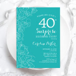 Verrassende 40e verjaardag van de Turquoise Floral Kaart<br><div class="desc">Turquoise Floral Surprise,  uitnodiging voor 40ste verjaardag. Minimalistisch modern design met botanische accenten en lettertype typografie. Eenvoudige vrouwelijke uitnodigingskaart perfect voor een stijlvol vrouw verrassingsfeest. Kan op elke leeftijd worden aangepast.</div>