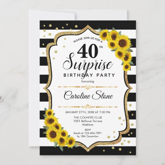 Verrassende 40e verjaardag - Zonnebloemen zwart-wi Kaart (Voorkant)