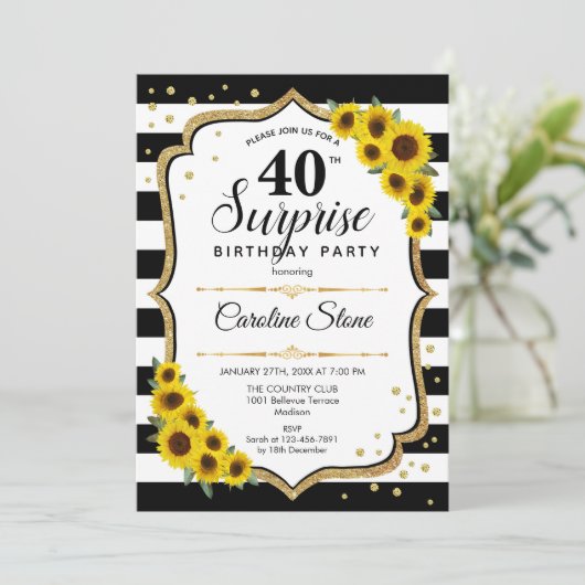 Verrassende 40e verjaardag - Zonnebloemen zwart-wi Kaart (Staand voorkant)